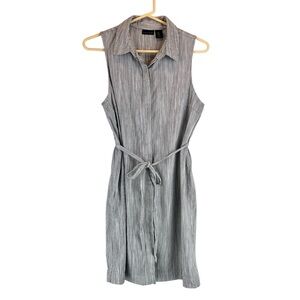 TAHARI Cotton Linen Blend Shirtdress Sleeveless Railroad Stripe Tie Waist 8